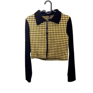 Collared Gingham Cropped Zip Cardigan